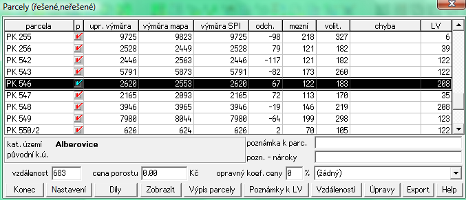 Obr. 8: Vstupující parcely Pravé tlačítko myši nad parcelou místní nabídka pro opravu údajů SPI nebo zrušení parcely Funkční tlačítka nastavení volba různé filtrace apod.