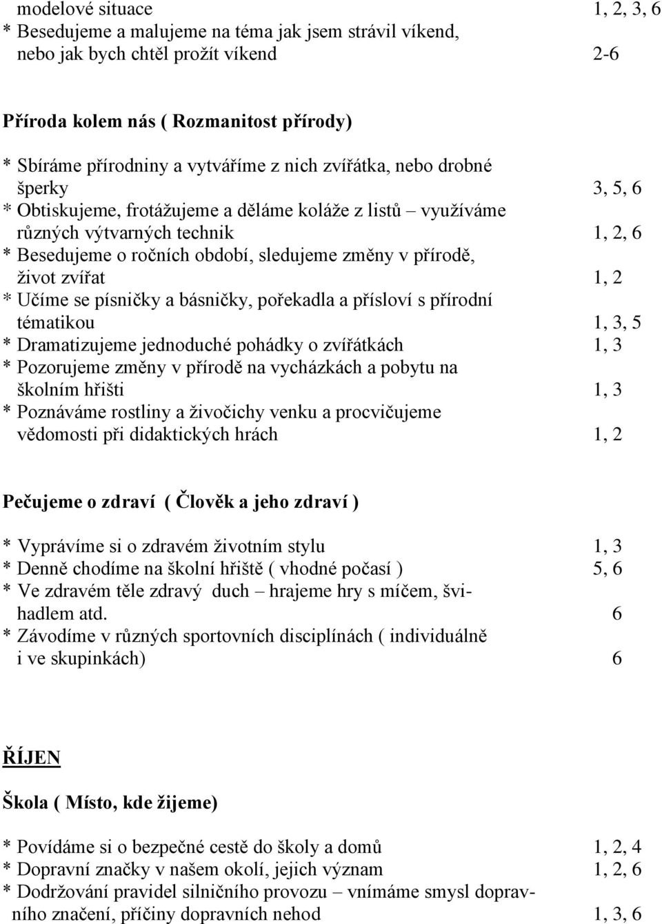 život zvířat 1, 2 * Učíme se písničky a básničky, pořekadla a přísloví s přírodní tématikou 1, 3, 5 * Dramatizujeme jednoduché pohádky o zvířátkách 1, 3 * Pozorujeme změny v přírodě na vycházkách a