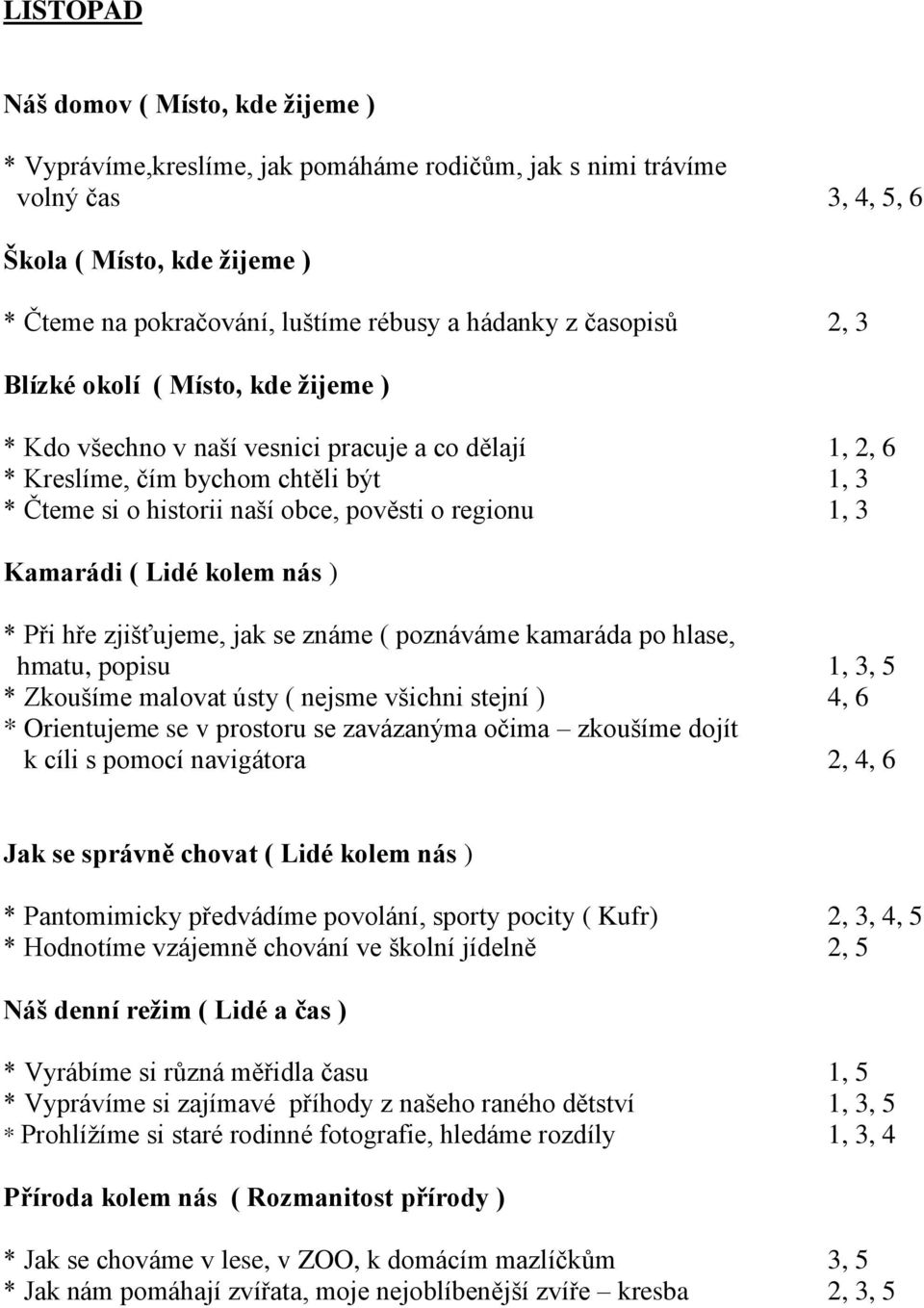 regionu 1, 3 Kamarádi ( Lidé kolem nás ) * Při hře zjišťujeme, jak se známe ( poznáváme kamaráda po hlase, hmatu, popisu 1, 3, 5 * Zkoušíme malovat ústy ( nejsme všichni stejní ) 4, 6 * Orientujeme