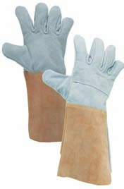Svářecí rukavice / Welding gloves PATON 3610 001 800 11 0005-04 CZ / Svářecí rukavice s manžetou dlouhou 15 cm, bavlněnou vložkou ve dlani a švy krytými žlutou kůží. Délka rukavice: 35 cm.