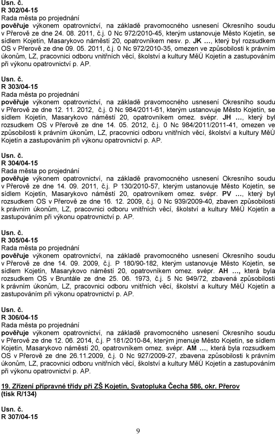 0 Nc 972/2010-35, omezen ve způsobilosti k právním úkonům, LZ, pracovnici odboru vnitřních věcí, školství a kultury MěÚ Kojetín a zastupováním při výkonu opatrovnictví p. AP.