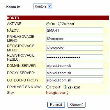 SMART 9. Vyberte Konto 2 10. Zadanie prihlasovacích údajov pre službu SMART. Položku AKTÍVNE prepnite na ON.