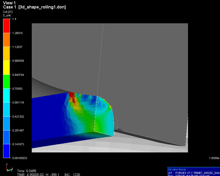 Obr. 3. Simulace tváření v ASC dvojstolici Fig. 3. Forming simulation in ASC double-stand Obr. 4. Průběh intenzity deformace po průřezu Fig. 4. Progress of equivalent of strain rate along the section Obr.