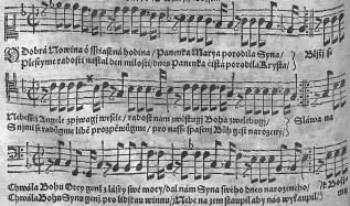 76 TOMÁŠ SLAVICKÝ Ein Beispiel für ein Lied, das sich nicht leicht auf den Gemeindegesang übertragen ließ, ist das typische Sololied Ó dobré noviny poselství šťastné, das am Ende die Figur gradatio