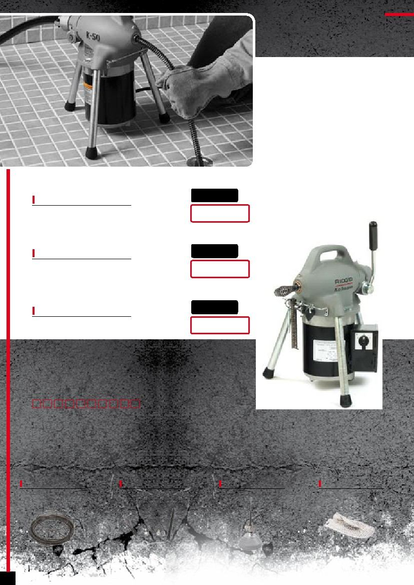 Čistenie odpadov K-50 Pre trubky až do 110mm. Najvšestrannejšia čistička potrubia firmy RIDGID, vhodná pre malé i veľké práce, jedinečný pre čistenie odtokov, výleviek, spŕch a podlahových vpustí.