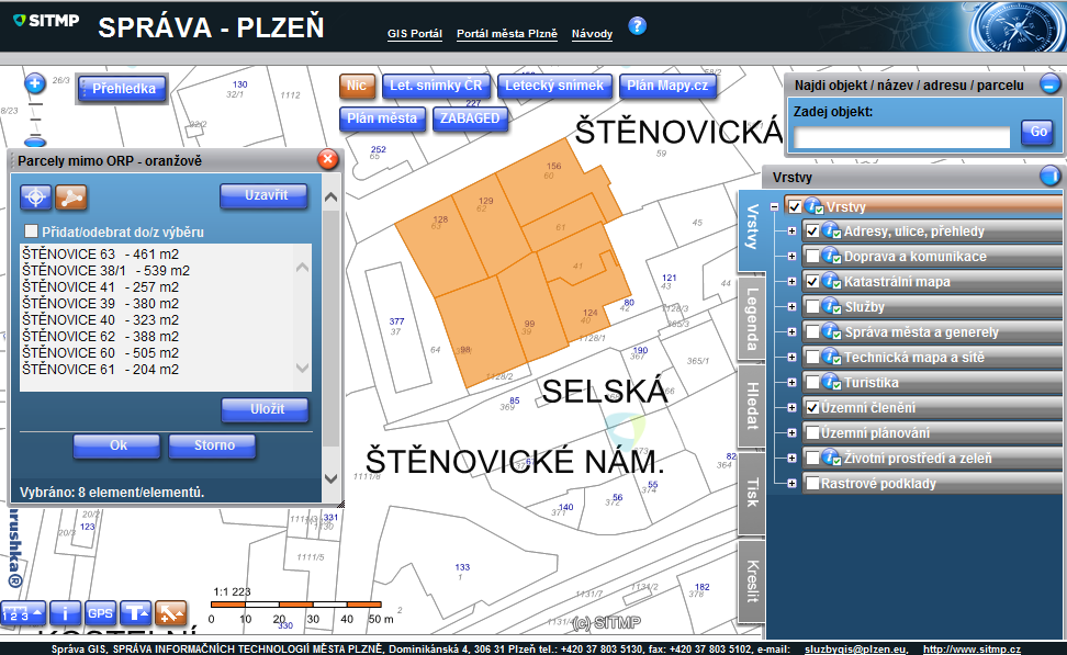 MARUSHKA Hromadný výběr parcel Strana 5/ 5 3 Obarvování ploch parcel mimo ORP Plzeň Pro výběr parcel mimo ORP Plzeň slouží funkce Parcely mimo ORP oranžově.