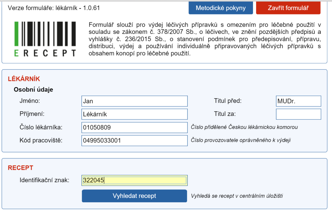 Po vyplnění identifikačního znaku klikněte na Vyhledat recept.