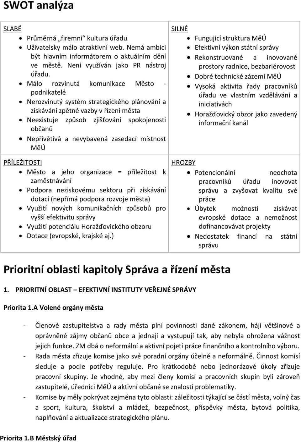 nevybavená zasedací místnost MěÚ PŘÍLEŽITOSTI Město a jeho organizace = příležitost k zaměstnávání Podpora neziskovému sektoru při získávání dotací (nepřímá podpora rozvoje města) Využití nových