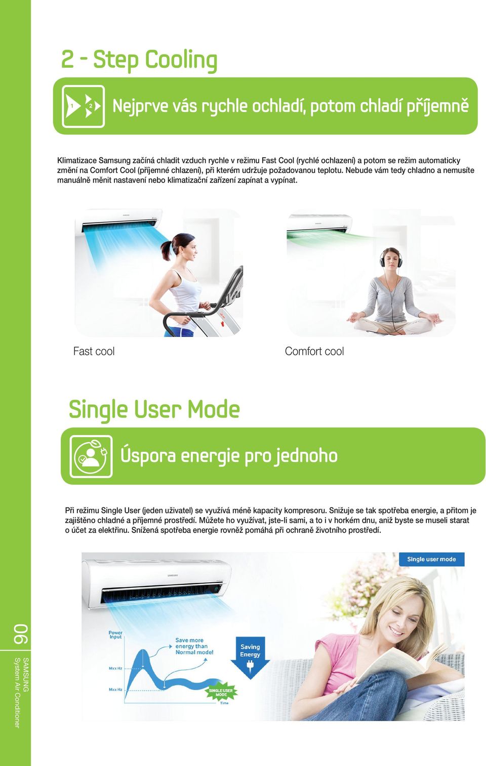 Fast cool Comfort cool Single User Mode Úspora energie pro jednoho Při režimu Single User (jeden uživatel) se využívá méně kapacity kompresoru.