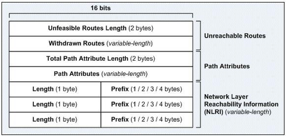 Obrázek 14 Formát BGP Update zprávy 15 Unfeasible Routes Length 2 byty dlouhé pole určující celkovou velikost následujících odstraněných cest.