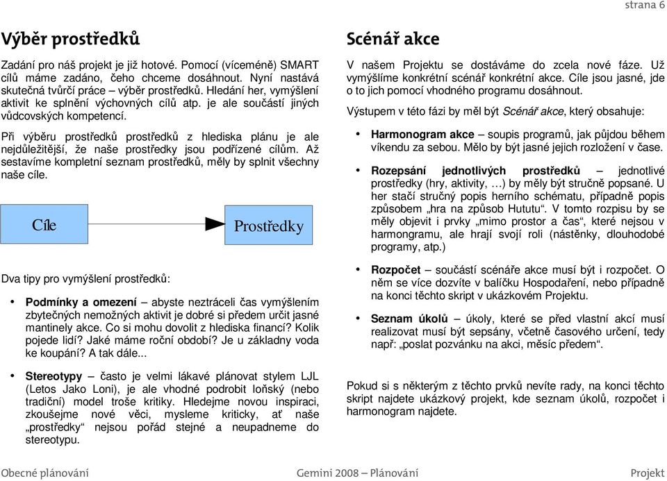 Při výběru prostředků prostředků z hlediska plánu je ale nejdůležitější, že naše prostředky jsou podřízené cílům. Až sestavíme kompletní seznam prostředků, měly by splnit všechny naše cíle.