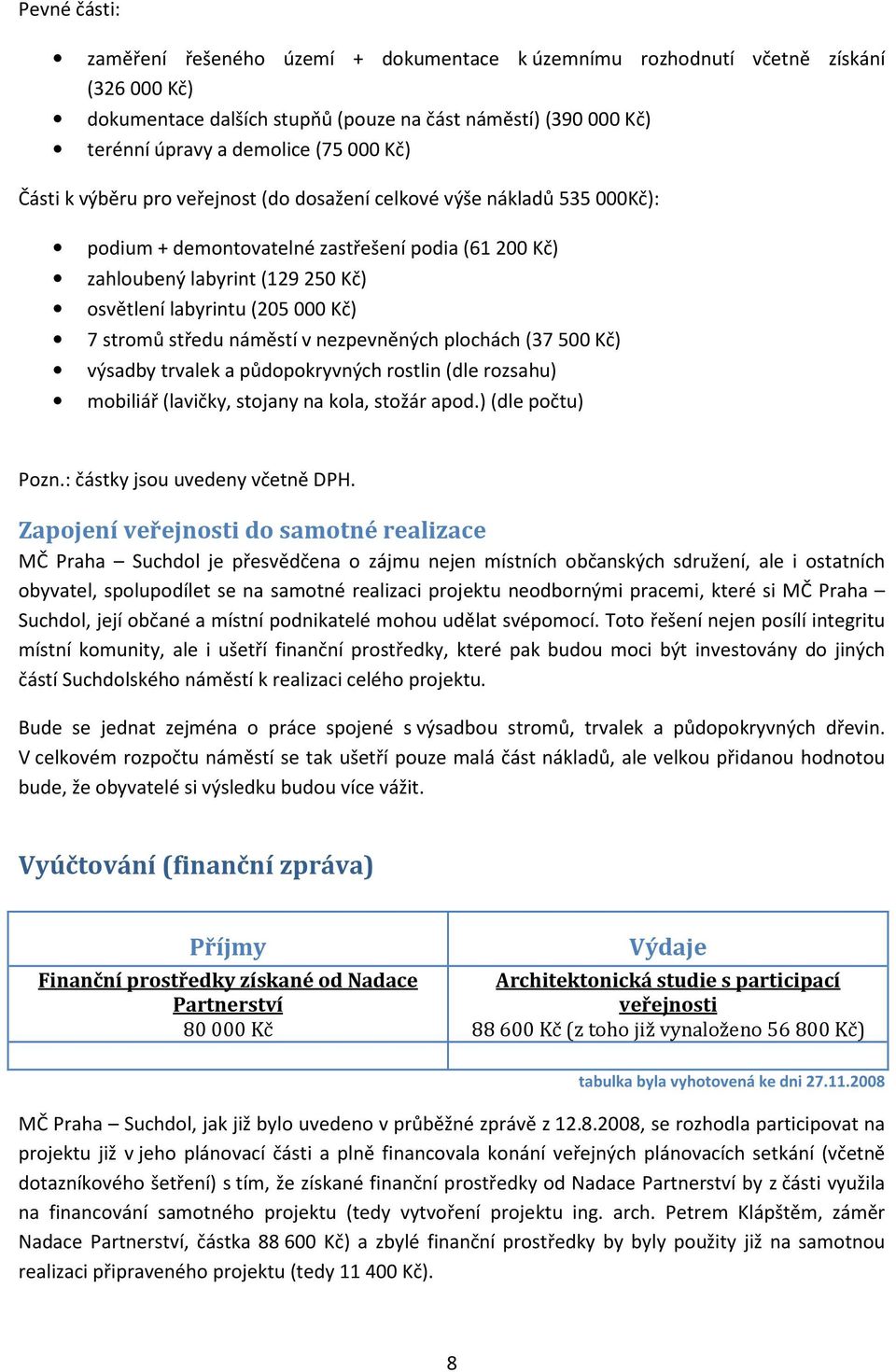 stromů středu náměstí v nezpevněných plochách (37 500 Kč) výsadby trvalek a půdopokryvných rostlin (dle rozsahu) mobiliář (lavičky, stojany na kola, stožár apod.) (dle počtu) Pozn.