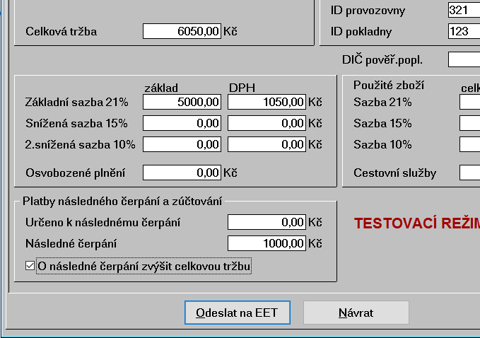 Pro platby platební kartou (pro doklady EET) již nelze použít původní volbu Kartou (je nyní označena ne pro EET), při této volbě nedochází k vytvoření příslušného hotovostního dokladu a tedy ani