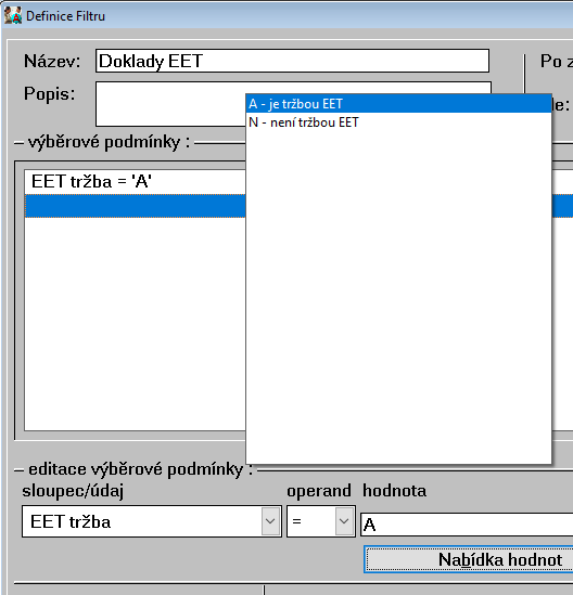 úzká účtenka 2.14. Filtrování pomocí sloupce (příznaku) EET V seznamu hotovostních dokladů HP lze pomocí sloupce EET filtrovat (F6).