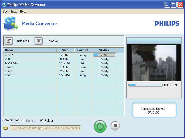 6 Videa Přenos videa do přehrávače Videa můžete do přehrávače přenést dvěma způsoby: Přenos pomocí aplikace Philips Media Converter; Pomocí konvertoru videa můžete převádět video na formát