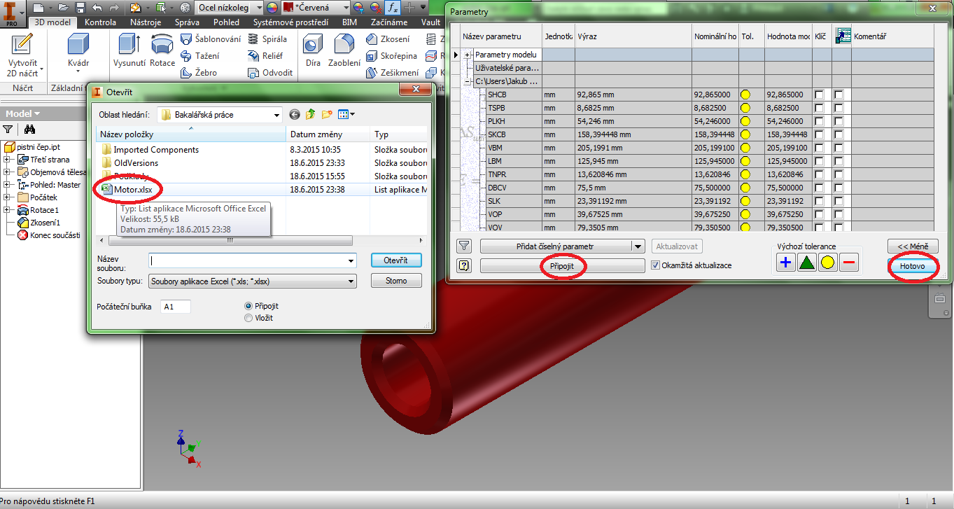 Způsob vkládání parametrů do Inventoru je následující. V horní liště programu klikneme na ikonu fx parametrů, potom klikneme na tlačítko připojit a vyhledáme příslušný soubor.