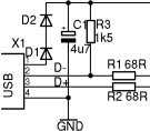 Obr. 22 - Napájení AVR pomocí stabilizátoru 3,3 V Jedním z řešení tohoto problému může být pořízení speciálního regulátoru, který má klidový proud velmi malý, nebo použití usměrňovacích diod, jak je