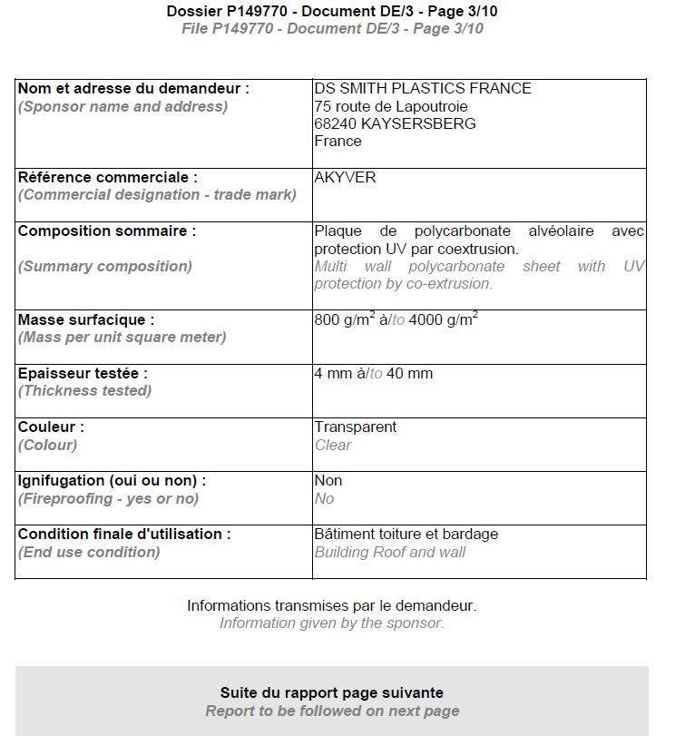 Složka P149770 - Dokument DE/3 - Strana 3/10 Název investora a adresa Obchodní označení - obchodní značka Shrnutí složení Vícestěnná polykarbonátová polykarbonátová deska s ochranou proti UV záření