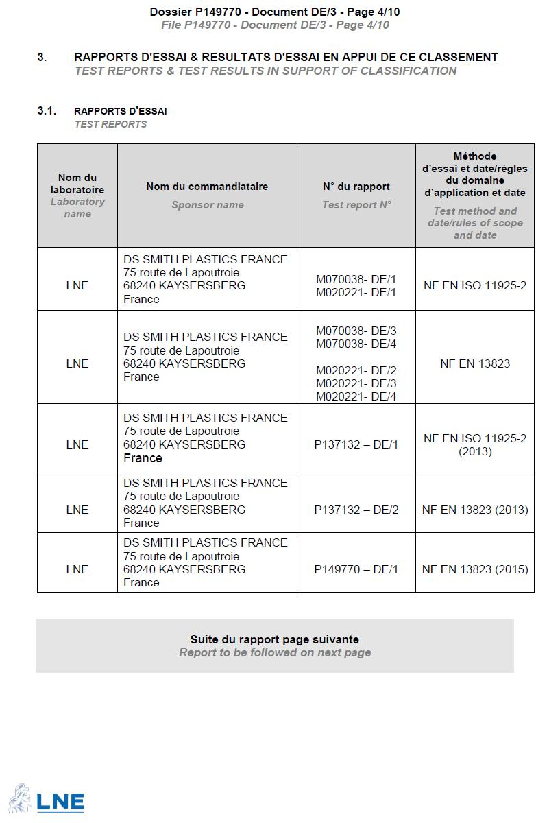 Složka P149770 - Dokument DE/3 - Strana 4/10 ZKUŠEBNÍ PROTOKOLY A VÝSLEDKY NA PODPORU TÉTO KLASIFIKACE ZKUŠEBNÍ PROTOKOLY Název