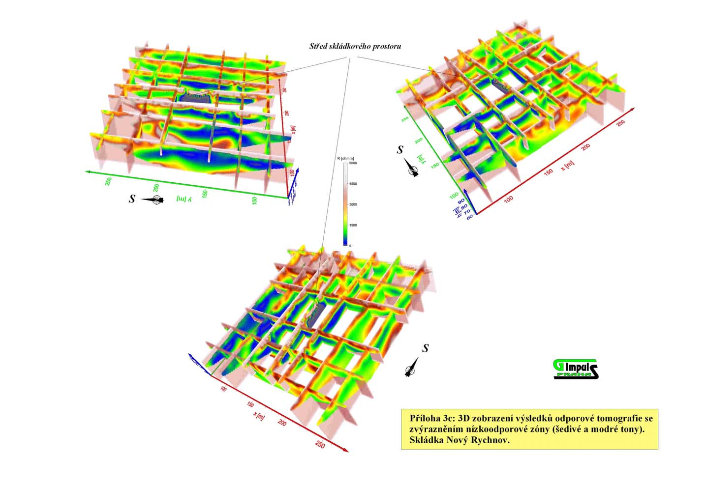 3D zobrazení výsledků odporové tomografie se zvýrazněním nízkoodporové
