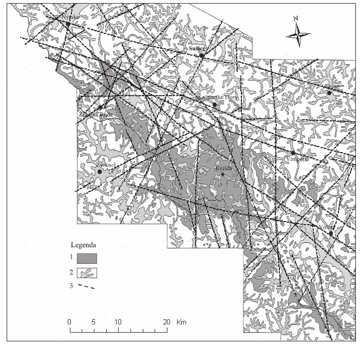 Obr. 1. NP Šumava geomorfologické schéma s vyznačením morfologicky významných lineací (čárkované linie). Legenda: 1 paleoreliéf nad úrovní 1 000 m n.m., 2 údolní síť, 3 hlavní morfologicky významné lineace.