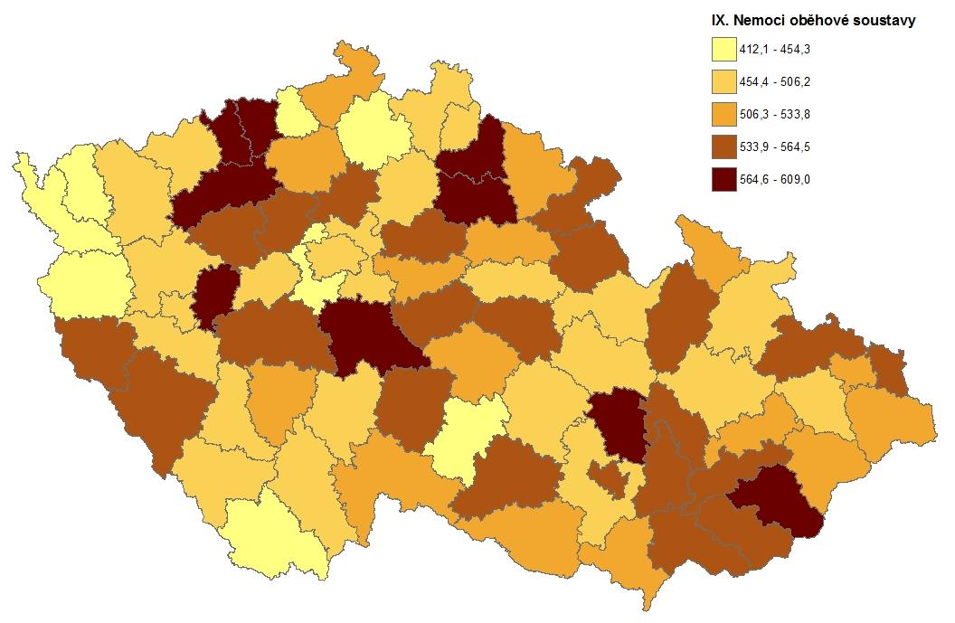 Obrázek 15: Zemřelí na nemoci oběhové soustavy na 100 000 obyvatel (klouzavé průměry 2003-2012) Zdroj: data ČSÚ Nejnižší počty zemřelých na příčinu nemocí oběhové soustavy jsou v kraji Jihočeském,