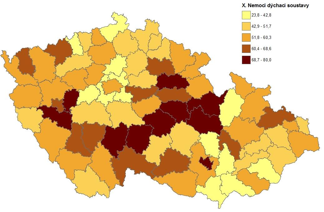 ském a v západní části kraje Jihočeského. Nejvíce zemřelých je pak na východě, konkrétně v okresech Třebíč, Zlín, Vsetín a Šumperk. 4.1.4 X.