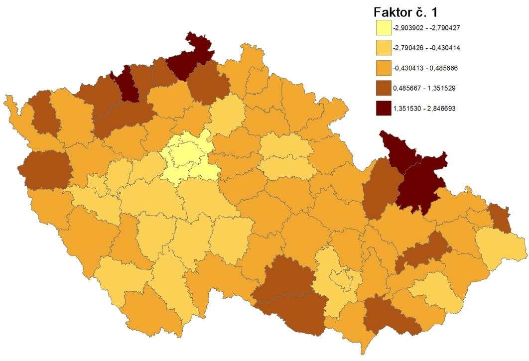 Obrázek 31: Faktor č. 1 Nezaměstnanost žen bez vzdělání Zdroj: vlastní zpracování Na nejtmavších místech je nejvyšší množství nezaměstnaných žen bez vzdělání.