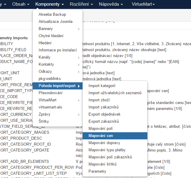 2.4. Nastavení mapování cen * Pro správné přiřazení cen z Pohody do Virtuemartu klikněte v administraci na: Pokud nemáte plnou verzi programu, nemůžete tuto funkci využít a v parametrech propojení je