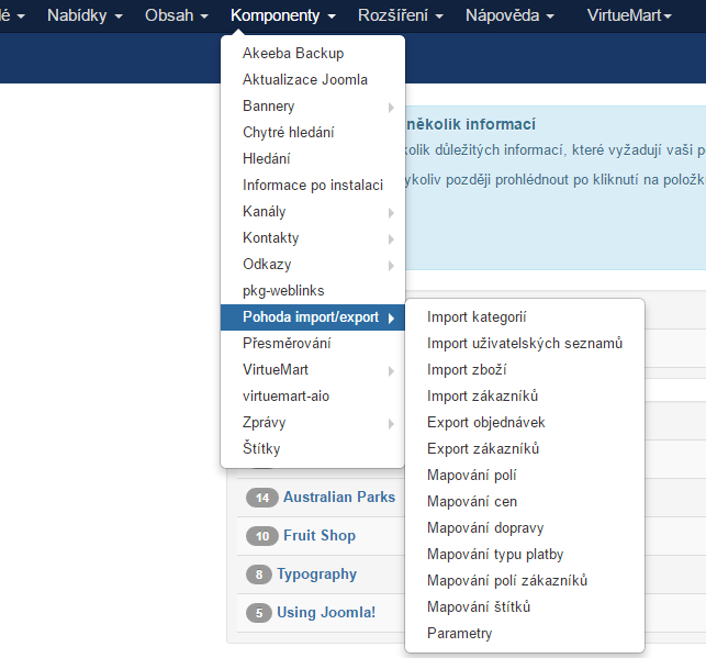 2.2. Nastavení komponenty v Joomle Klikněte na Komponenty Pohoda import/export Zde jsou jednotlivé sekce pro nastavení.