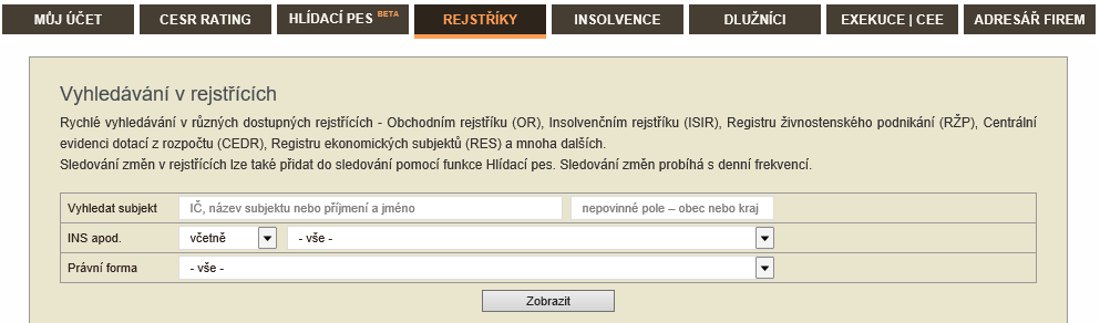 5. Vyhledávání v REJSTŘÍKY 5.