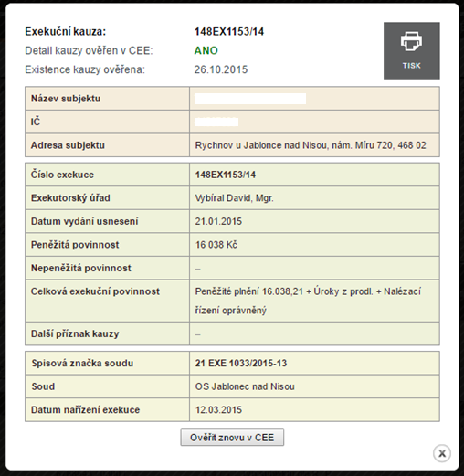 Po provedení náhledu se zobrazí výčet exekučních kauz. Po kliknutí na kód kauzy uvidíte její detail, což je bráno jako další náhled. 8.