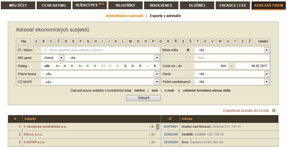 9. Adresář firem 9.1 Vyhledávání v Adresáři Pro vyhledávání tuzemských subjektů zvolte záložku ADRESÁŘ FIREM a vyberte v menu položku Vyhledávání v adresáři.