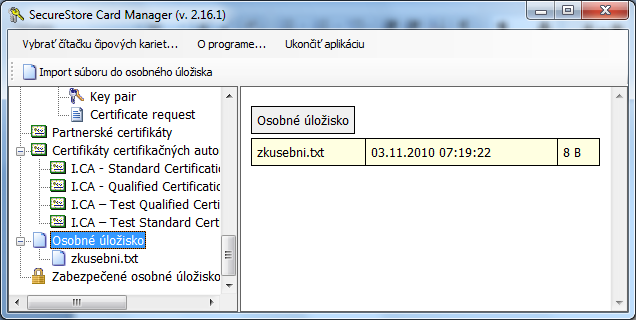 6. Osobné úložisko Obr.11 Osobné úloţisko Do Osobných úloţísk si môţete ukladať malé súbory (niekoľko málo kb), ktoré budú vţdy poruke a zabezpečené na čipovej karte.