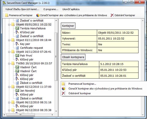 Obr. 23 Kontextové menu pre Objekt SecureStore I.CA 7.3.1 Premenovať kontajner Voľba umoţňuje premenovanie vybraného kontajneru. 7.3.2 Označiť kontajner ako východiskový na prihlásenie do Windows Voľba umoţňuje označiť vybraný kontajner ako východiskový na prihlásenie do Windows.