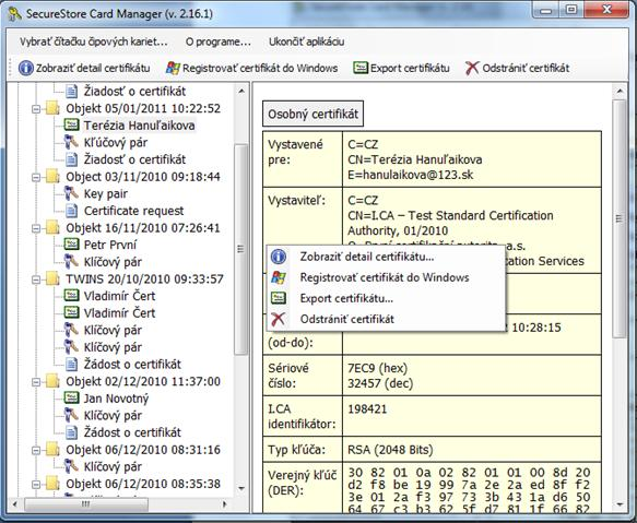 7.4 Kontextové menu pre osobný certifikát Obr.