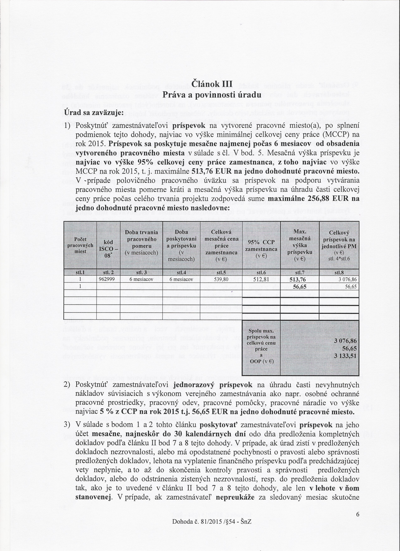 Úrad sa zaväzuje: Clánok III Práva a povinnosti úradu 1) Poskytnút zamestnávatelovi príspevok na vytvorené pracovné miesto(a), po splnení podmienok tejto dohody, najviac vo výške minimálnej celkovej