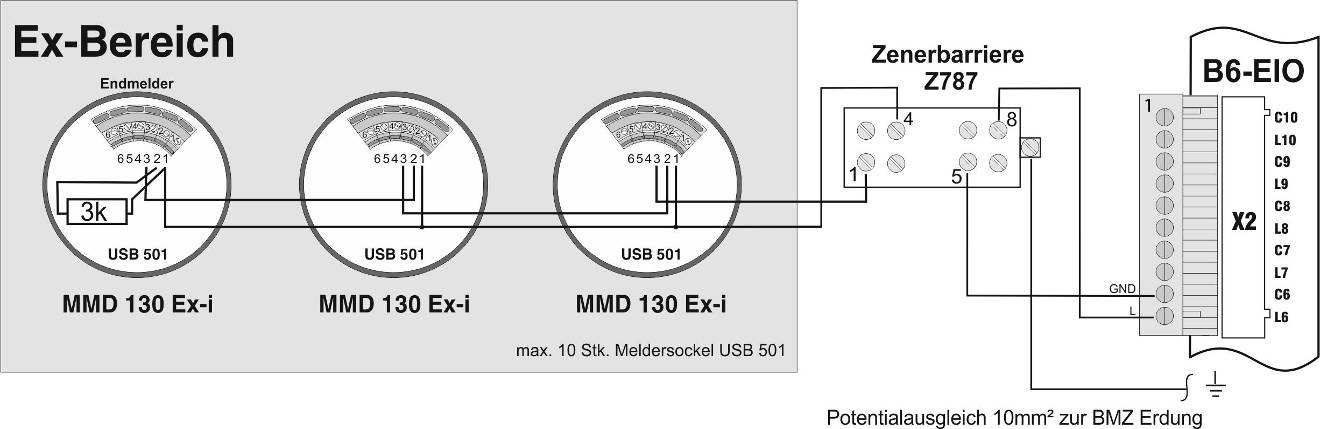 Hekatron Ex-I hlásič -zapojení s DC konvertorem GTW 01 Připojitelné sokly: 143 Ex-i Počet hlásičů na skupinu: ORM 130 Ex-i (max. 10) WDM 215 Ex-i (max. 10) WMM 216 Ex-i (max.