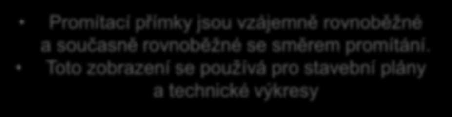 Rozdělení promítání (volné) rovnoběžné promítání středové promítání Promítací přímky jsou vzájemně rovnoběžné a současně rovnoběžné se směrem promítání.