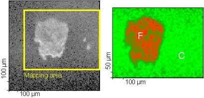ESCA - příklad Kontaminace povrchu polymeru přítomnost fluoru Podrobné plošné mapování