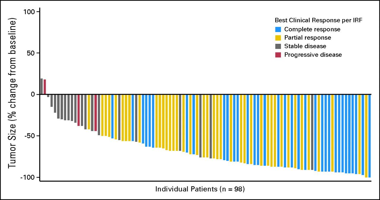 Brentuximab vedotin: pivotal Phase II trial maximum tumour reduction per IRF Complete remission by PET *Four patients were not included in the analysis; three patients had no measurable lesions per