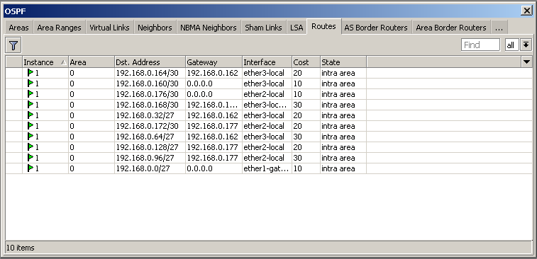 9. V záložce Routes lze zobrazit všechny sítě, které daný MK zná: Routes OSPF Routes 10.