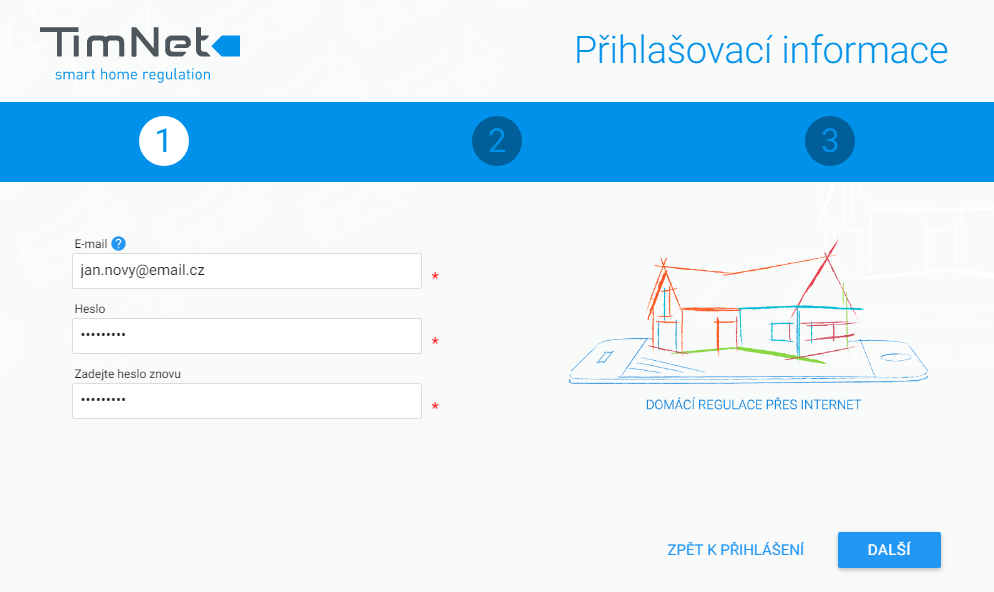 3) Před sebou vidíte průvodce pro vytvoření nového účtu. V prvním kroku vyplňte Váš email a heslo, které zadejte pro ověření 2x.