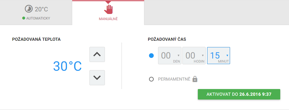 5.4.3.2 Manuální režim Manuální režim umožňuje změnu požadované teploty na základě aktuální potřeby. Pro aktivaci manuálního režimu klikněte na záložku Manuálně.