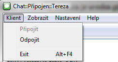 UTB ve Zlíně, Fakulta aplikované informatiky, 2009 60 4.2.3 Program a jeho funkce Na níže uvedeném obrázku je uveden příklad, jak tento klient vypadá.: Obrázek 12.: Klientská část aplikace 4.2.3.1 Menu Klient Připojit, Odpojit Připojí nebo odpojí klienta se serverem.