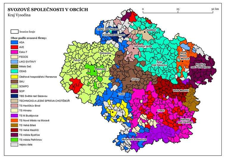 TS Velké Meziříčí 35 24122 Informace nejsou k dispozici 63 18995 Celkem 704 509895 U několika malých obcí není zřejmé, která firma je obsluhuje (v tabulce jsou zvýrazněny kurzivou).