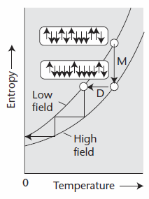 piny v magnetickém poli bez magnetického pole jsou spiny rozloženy náhodně. izotermická magnetizace (zvýšení mg. pole) rezervoár teploty orientace spinů v mg.