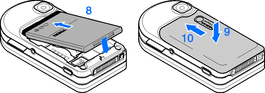 Vlo¾te SIM kartu do dr¾áku (5). Zavøete dr¾ák SIM karty (6) a zajistìte jej zasunutím (7). Vlo¾te baterii (8). Zkontrolujte kontakty na baterii. V¾dy pou¾ívejte pouze originální baterie Nokia.