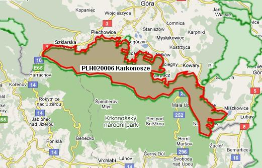 III.I.III. Stručný popis Evropsky významné lokality Karkonosze Kód lokality: PLH020006 Rozloha: 18 204,92 ha Biogeografická oblast: Kontinentální Polská EVL je obdobou české lokality (zákres EVL podává Obr.