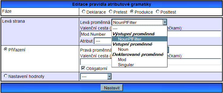 11.7.3 Detail pravidla V detailu pravidla je vidět atributovou gramatiku. Jednotlivá pravidla AG jsou barevně odlišena. V rámci jednoho pravidla jsou rovněž barevně odlišeny sekce.